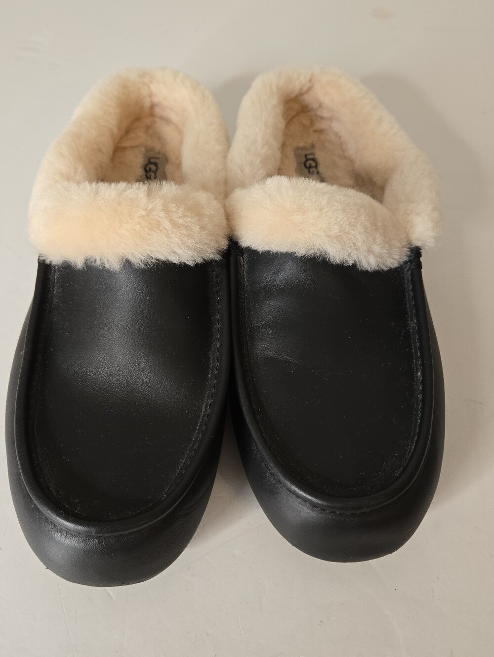 UGG Black Leather Slip-On Slippers with Cream Shearling Trim